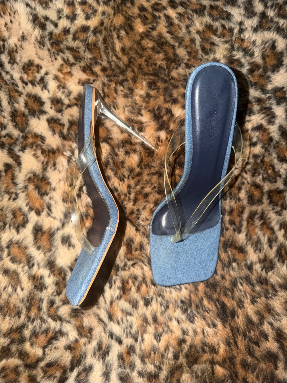 JLUXLABEL Denim Blue Square-Toe Clear Strap Stilettos